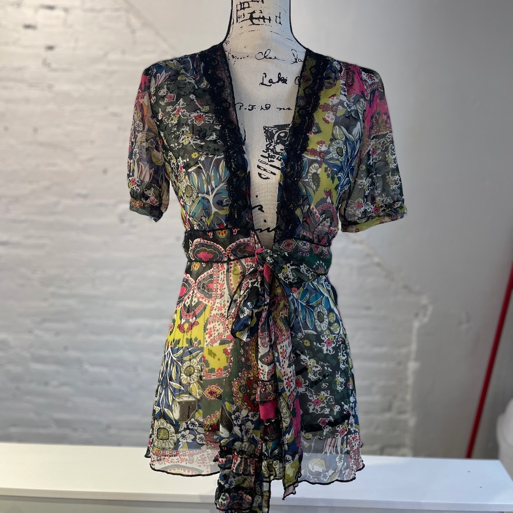 CAbi Style 543 Beaches of St Tropez Kimono Wrap Paisley Floral Sheer Top Sz S